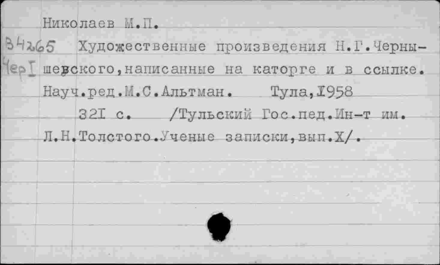 ﻿Николаев М.П
1^005 Художественные произведения Н.Г.Черны терского,написанные на каторге и в ссылке Науч.ред.М.С.Альтман.	Тула,1958
-321 с»___ /Тульский Гос.пед.Ин-т им.
Л.Н.Толетого.Ученые записки,вып.ХД—